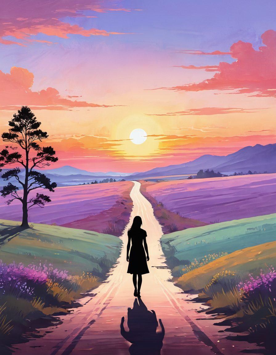 An open road winding through a serene landscape, symbolizing journeys of the heart. A silhouette of a person looking towards the horizon, reflecting on love and self-discovery. Gentle pastel colors in the sky at sunset evoke emotion and introspection. Scatter the scene with small symbols of love like hearts and books. vibrant colors. painting.