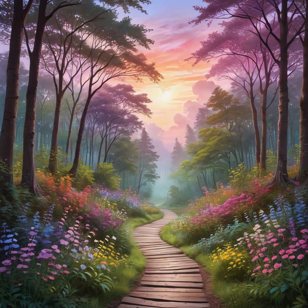 A whimsical yet serene landscape depicting a winding path through a lush forest, symbolizing the journey of love and self-discovery, with vibrant flowers and heart-shaped clouds above. Along the path, silhouettes of couples and individuals reflecting deep emotions, discovering themselves. The atmosphere should evoke warmth and growth, with a blend of soft pastel colors. digital painting. vibrant colors. dreamy atmosphere.