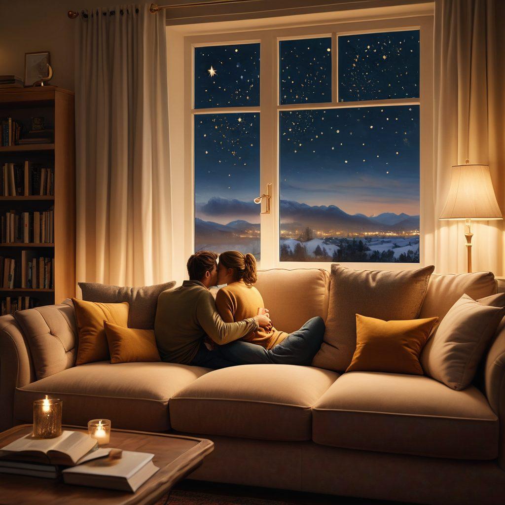 A warm, inviting scene of a couple enjoying a cozy evening together, sharing heartfelt conversations in a softly lit living room. Surround them with elements that symbolize connection and compatibility like intertwined hands, a heart-shaped decor, and books on relationships. Include a window showing a tranquil night sky with stars, suggesting depth and intimacy. Focus on warmth and positive energy. super-realistic. warm tones. soft background.